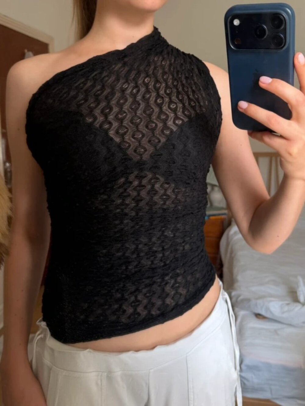 Zara asymmetrical mesh black top